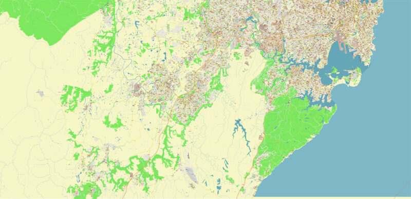 Sydney Metro Area Australia 2025 Vector Map Exact Extra High Detailed Street Map Adobe Illustrator in layers