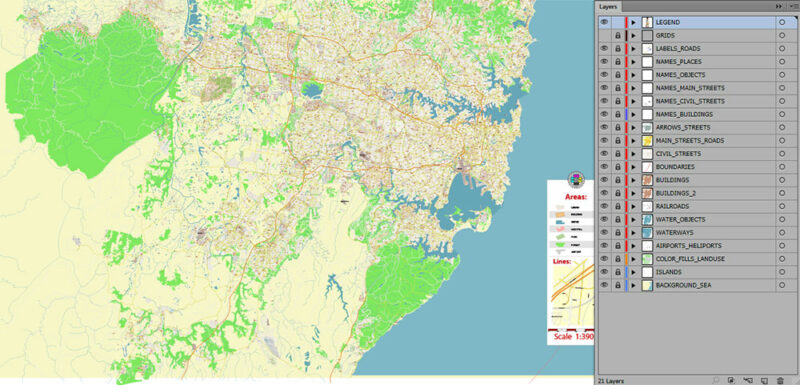 Sydney Metro Area Australia 2025 Vector Map Exact Extra High Detailed Street Map Adobe Illustrator in layers
