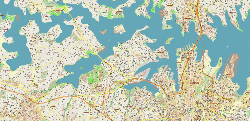 Sydney Metro Area Australia 2025 Vector Map Exact Extra High Detailed Street Map Adobe Illustrator in layers