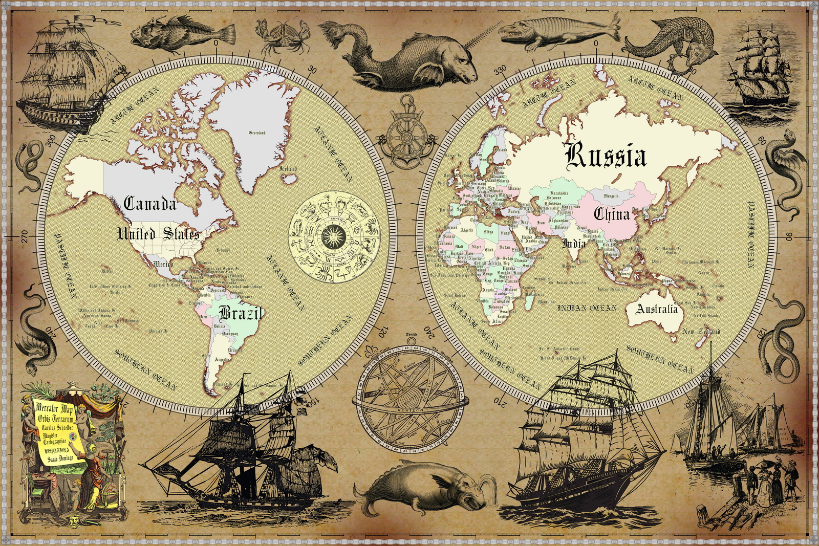 world map, retro map, ancient style