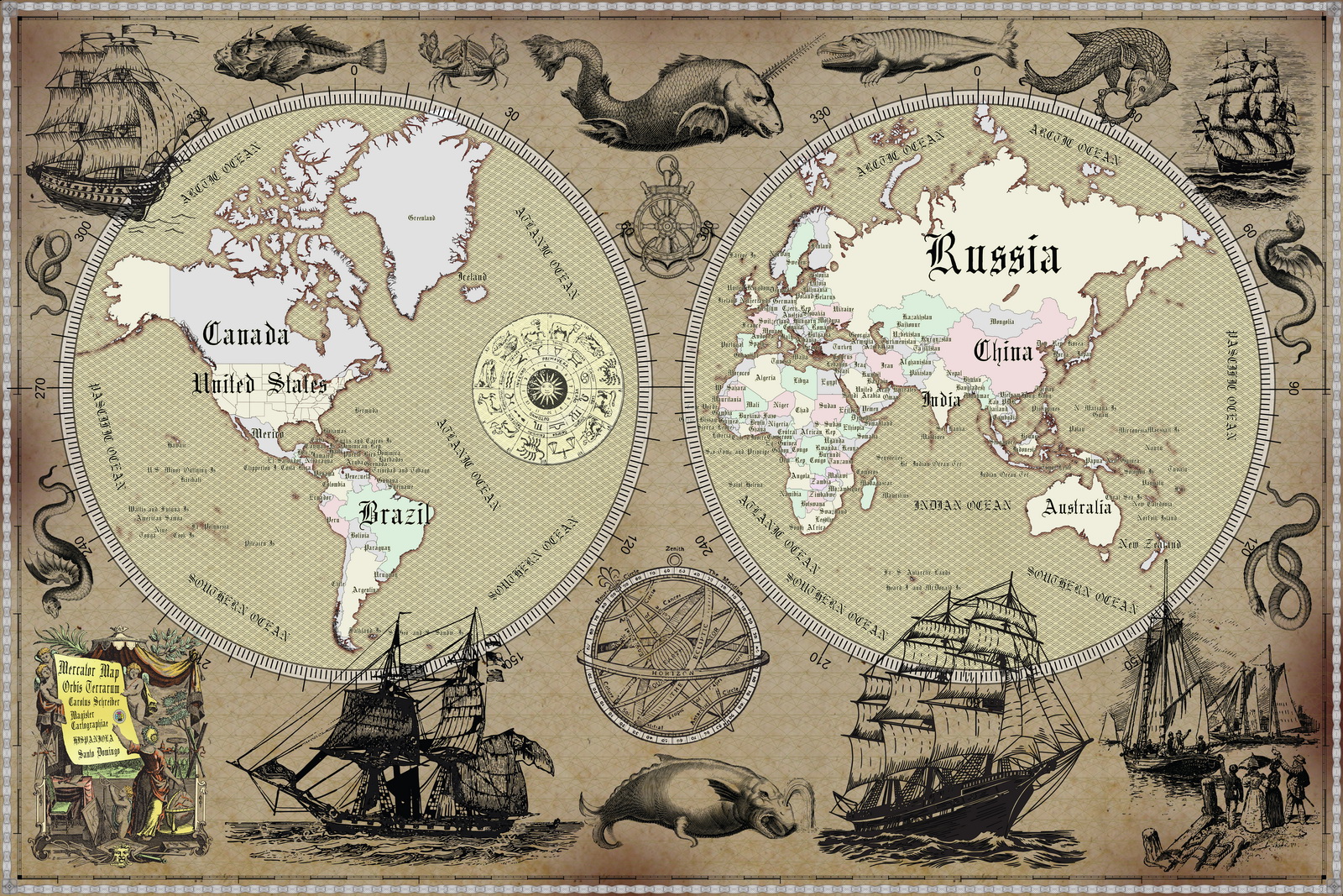 world map, retro map, ancient style