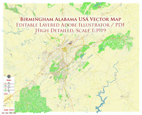 Birmingham Metro Area Alabama USA Vector Map Exact Extra High Detailed Street Map Adobe Illustrator in layers