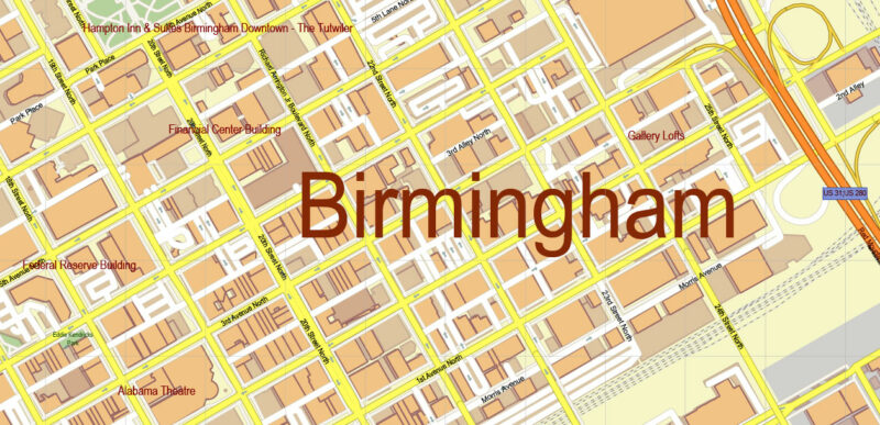Birmingham Metro Area Alabama USA Vector Map Exact Extra High Detailed Street Map Adobe Illustrator in layers