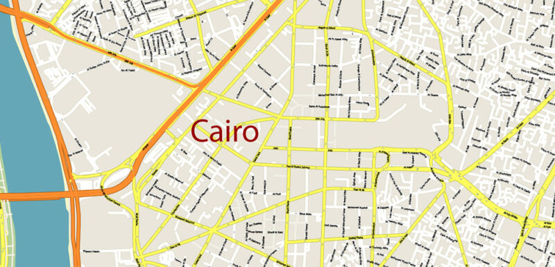 Cairo Metro Area Egypt Vector Map High Detailed Street Map (ENGLISH NAMES) Adobe Illustrator in layers