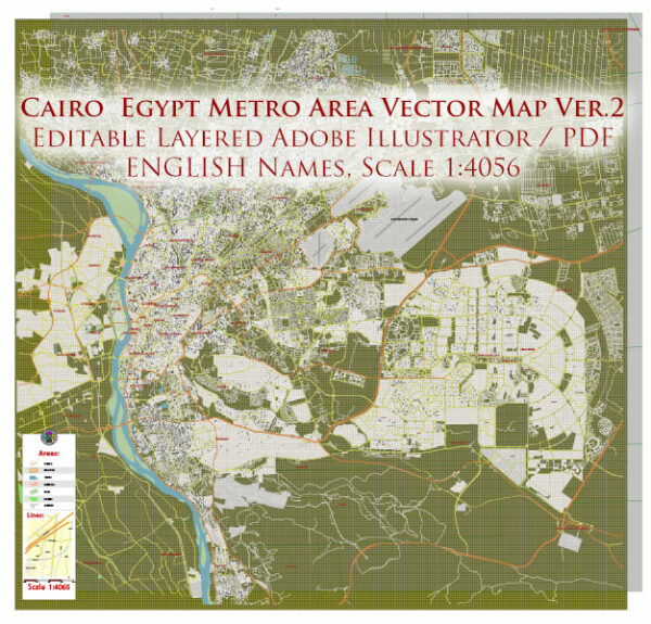 Cairo Metro Area Ver.2 EgyptVector Map High Detailed Street Map (ENGLISH NAMES) Adobe Illustrator in layers