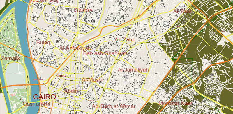 Cairo Metro Area Ver.2 EgyptVector Map High Detailed Street Map (ENGLISH NAMES) Adobe Illustrator in layers