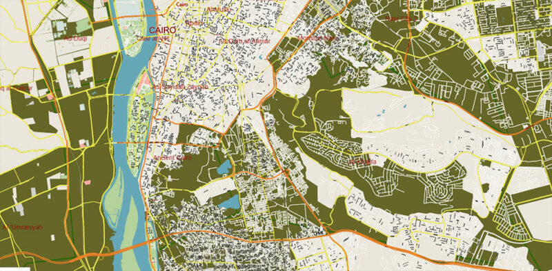 Cairo Metro Area Ver.2 EgyptVector Map High Detailed Street Map (ENGLISH NAMES) Adobe Illustrator in layers