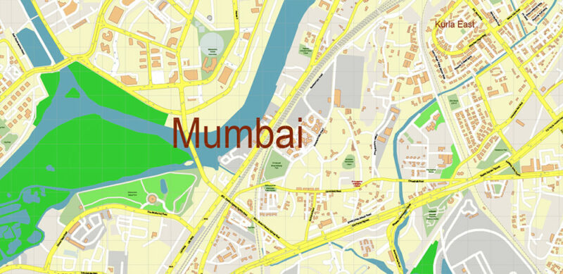 Mumbai India Vector Map Exact Extra High Detailed Street Map Adobe Illustrator in layers