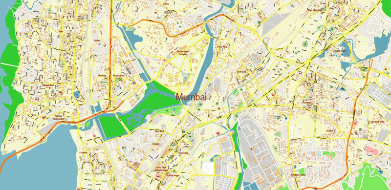 Mumbai India Vector Map Exact Extra High Detailed Street Map Adobe Illustrator in layers