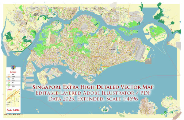 Syngapore 2025 Vector Map Exact Extra High Detailed Street Map Adobe Illustrator in layers