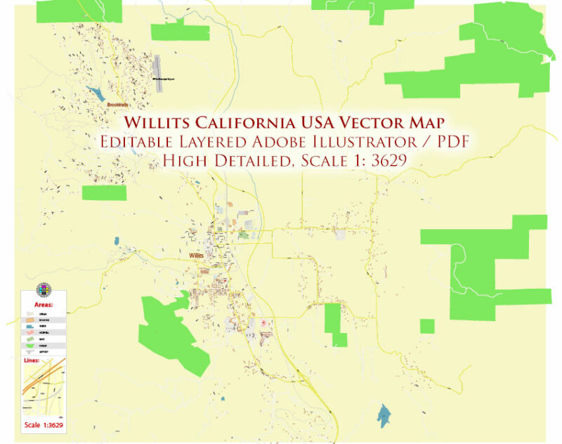 Brooktrails + Willits California USA Vector Map Exact Extra High Detailed Street Map Adobe Illustrator in layers