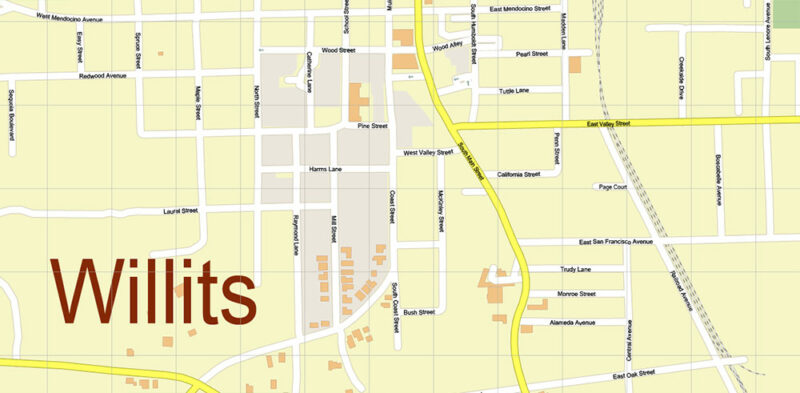 Brooktrails + Willits California USA Vector Map Exact Extra High Detailed Street Map Adobe Illustrator in layers