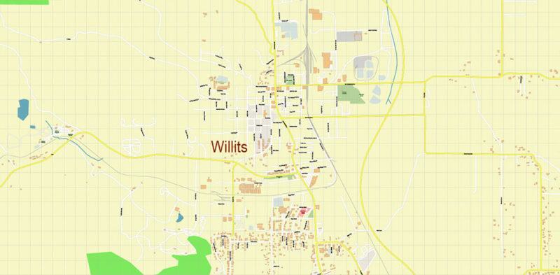 Brooktrails + Willits California USA Vector Map Exact Extra High Detailed Street Map Adobe Illustrator in layers