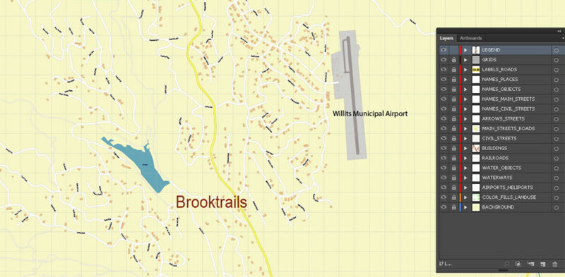 Brooktrails + Willits California USA Vector Map Exact Extra High Detailed Street Map Adobe Illustrator in layers