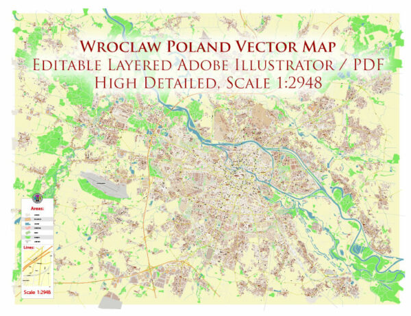 Wroclaw Metro Area Poland Vector Map High Detailed Street Map Adobe Illustrator in layers