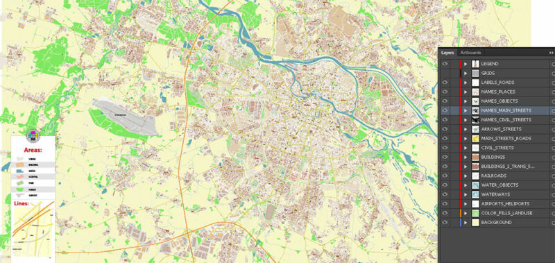 Wroclaw Metro Area Poland Vector Map High Detailed Street Map Adobe Illustrator in layers