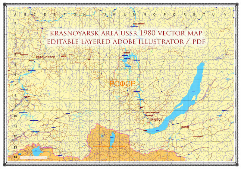 Krasnoyarsk area USSR 1980 vector map military edition (RUSSIAN NAMES) editable layered Adobe Illustrator