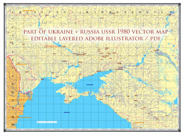 Ukraine-Russia part area USSR 1980 vector map military edition (RUSSIAN NAMES) editable layered Adobe Illustrator