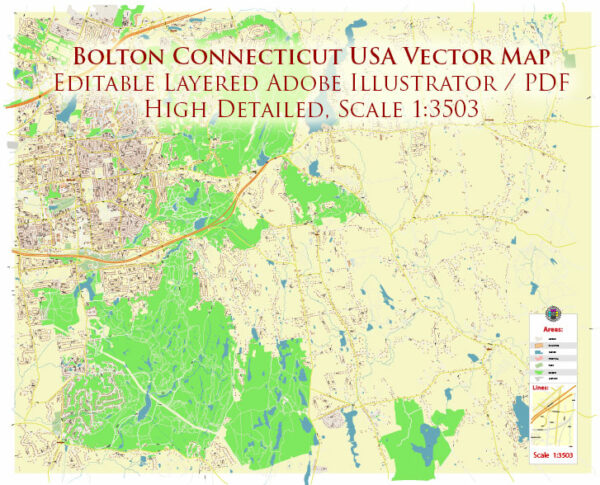 Bolton Connecticut USA Map Vector Exact City Plan High Detailed Street Map editable Adobe Illustrator in layers