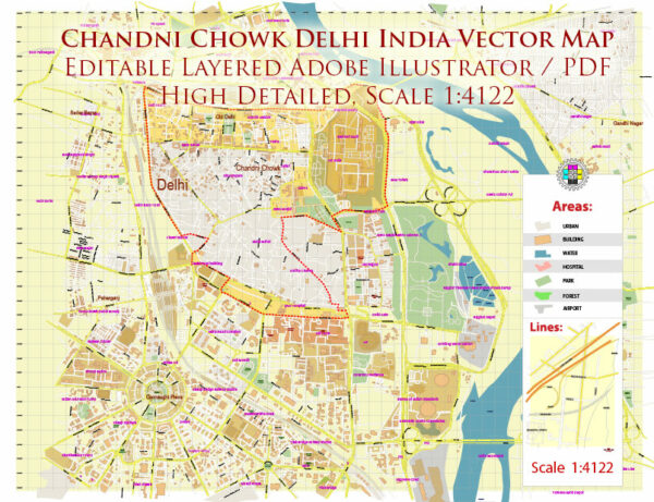 Chandni Chowk Delhi India Map Vector Exact City Plan High Detailed Street Map editable Adobe Illustrator in layers