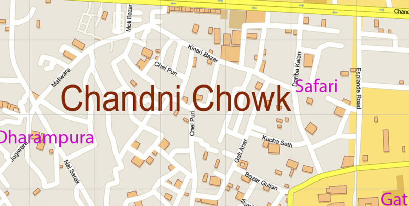 Chandni Chowk Delhi India Map Vector Exact City Plan High Detailed Street Map editable Adobe Illustrator in layers