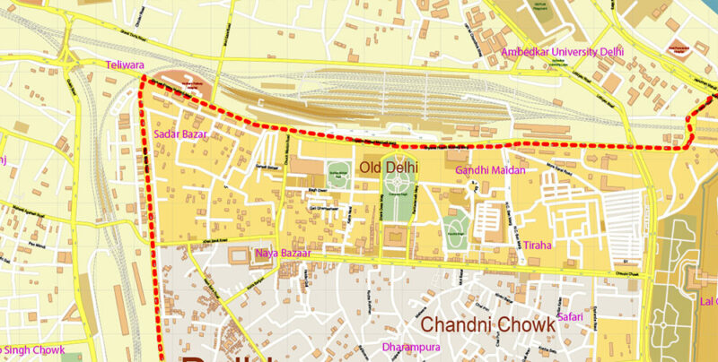 Chandni Chowk Delhi India Map Vector Exact City Plan High Detailed Street Map editable Adobe Illustrator in layers