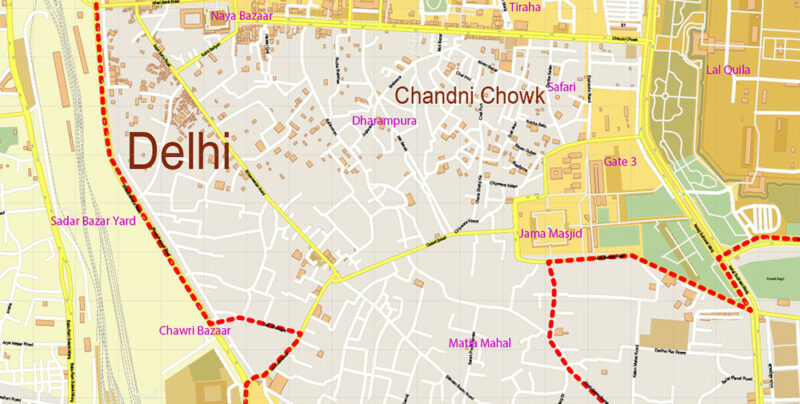 Chandni Chowk Delhi India Map Vector Exact City Plan High Detailed Street Map editable Adobe Illustrator in layers