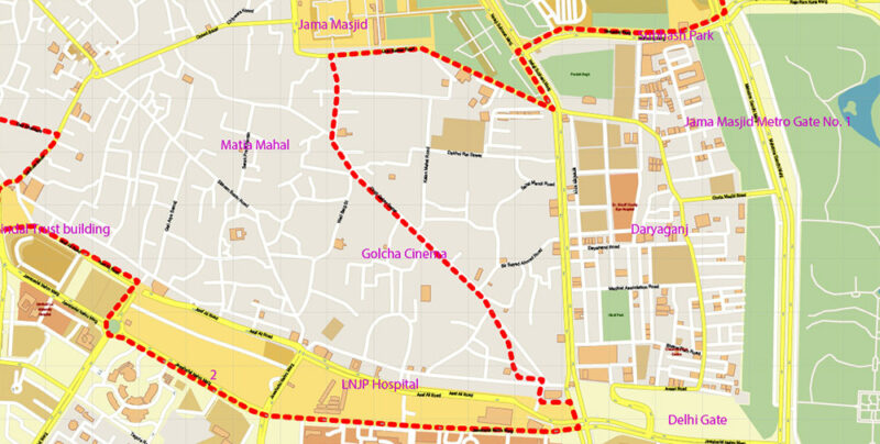 Chandni Chowk Delhi India Map Vector Exact City Plan High Detailed Street Map editable Adobe Illustrator in layers