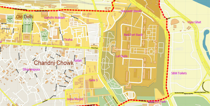 Chandni Chowk Delhi India Map Vector Exact City Plan High Detailed Street Map editable Adobe Illustrator in layers