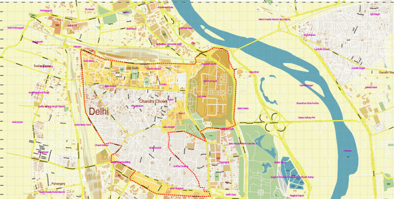 Chandni Chowk Delhi India Map Vector Exact City Plan High Detailed Street Map editable Adobe Illustrator in layers