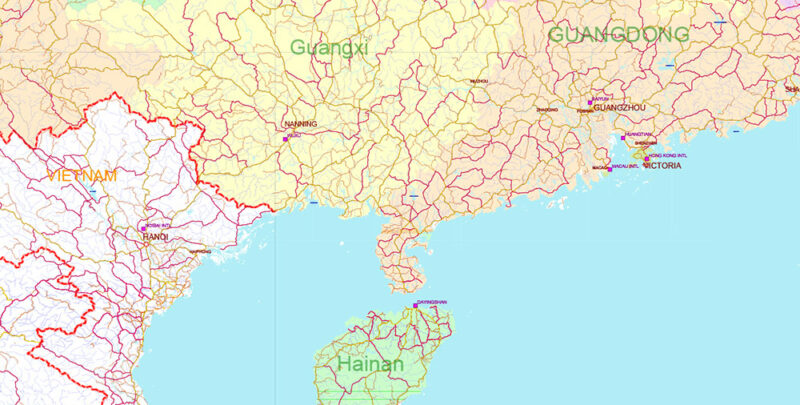 China High Detailed Vector Map: Admin, Roads, Cities and Water areas Editable Layered Adobe Illustrator