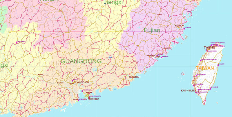 China High Detailed Vector Map: Admin, Roads, Cities and Water areas Editable Layered Adobe Illustrator