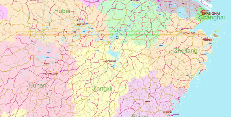 China High Detailed Vector Map: Admin, Roads, Cities and Water areas Editable Layered Adobe Illustrator