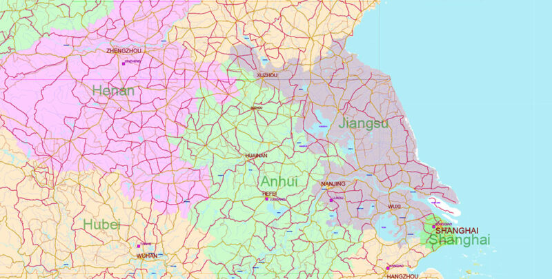 China High Detailed Vector Map: Admin, Roads, Cities and Water areas Editable Layered Adobe Illustrator