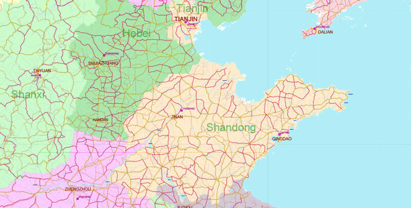 China High Detailed Vector Map: Admin, Roads, Cities and Water areas Editable Layered Adobe Illustrator