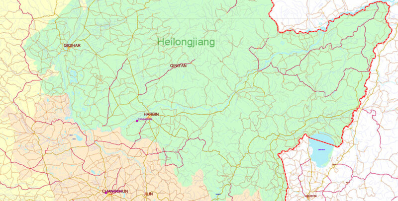 China High Detailed Vector Map: Admin, Roads, Cities and Water areas Editable Layered Adobe Illustrator