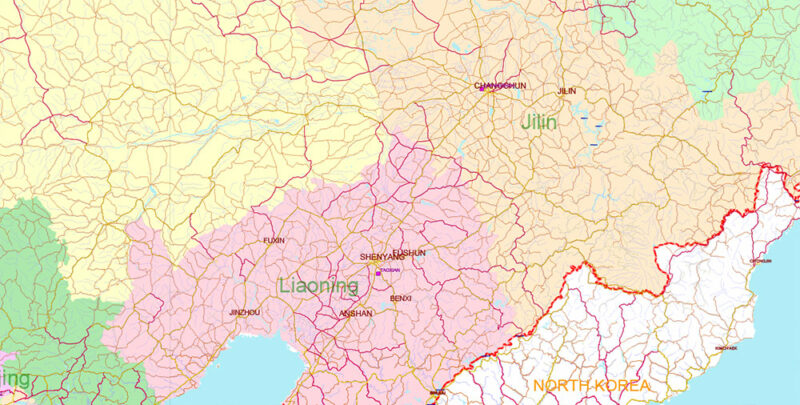 China High Detailed Vector Map: Admin, Roads, Cities and Water areas Editable Layered Adobe Illustrator
