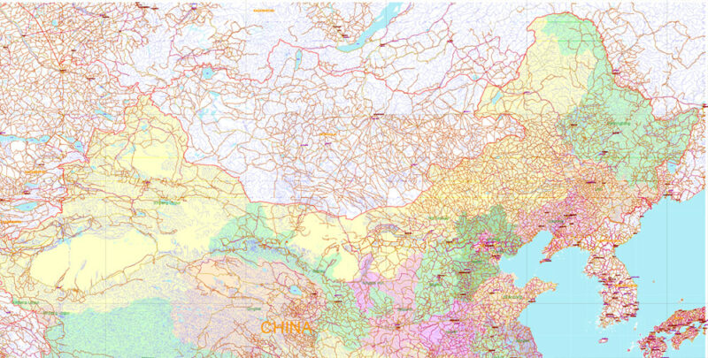 China High Detailed Vector Map: Admin, Roads, Cities and Water areas Editable Layered Adobe Illustrator