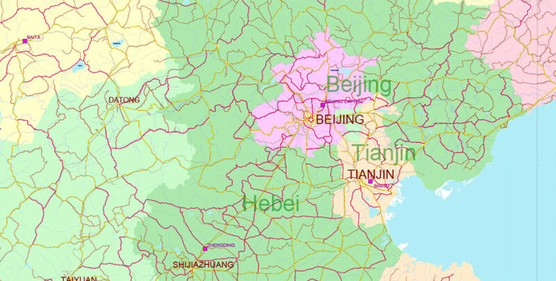 China High Detailed Vector Map: Admin, Roads, Cities and Water areas Editable Layered Adobe Illustrator