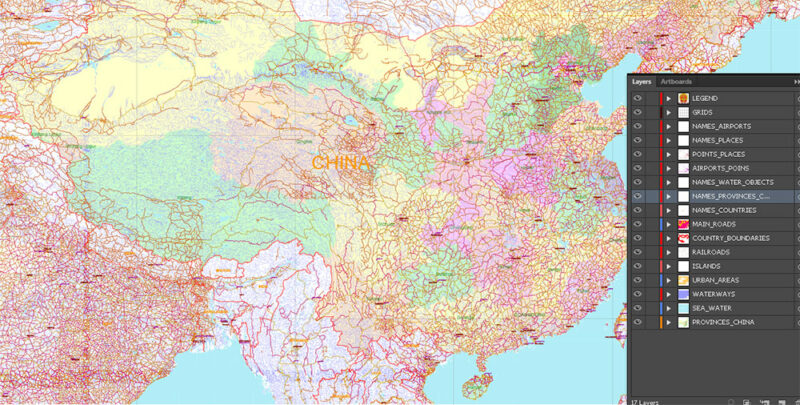 China High Detailed Vector Map: Admin, Roads, Cities and Water areas Editable Layered Adobe Illustrator