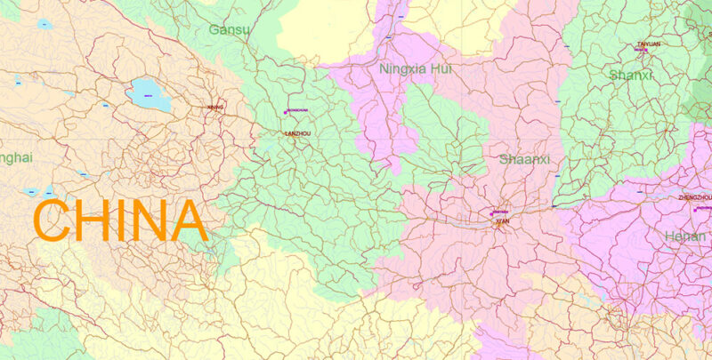 China High Detailed Vector Map: Admin, Roads, Cities and Water areas Editable Layered Adobe Illustrator