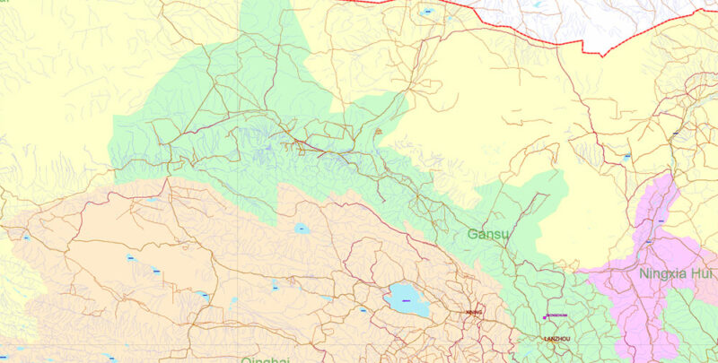 China High Detailed Vector Map: Admin, Roads, Cities and Water areas Editable Layered Adobe Illustrator