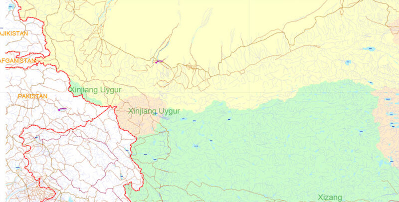 China High Detailed Vector Map: Admin, Roads, Cities and Water areas Editable Layered Adobe Illustrator