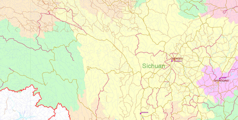 China High Detailed Vector Map: Admin, Roads, Cities and Water areas Editable Layered Adobe Illustrator