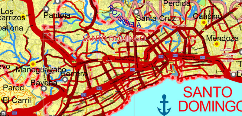 Dominicana and Haiti HD Vector Map high detailed roads editable layered in Adobe Illustrator