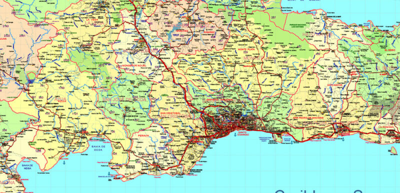 Dominicana and Haiti (Hispaniola) HD Vector Map high detailed roads editable layered in Adobe Illustrator