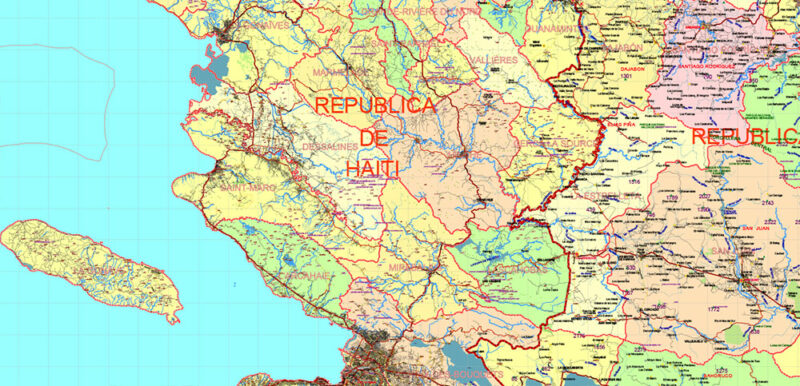 Dominicana and Haiti HD Vector Map high detailed roads editable layered in Adobe Illustrator
