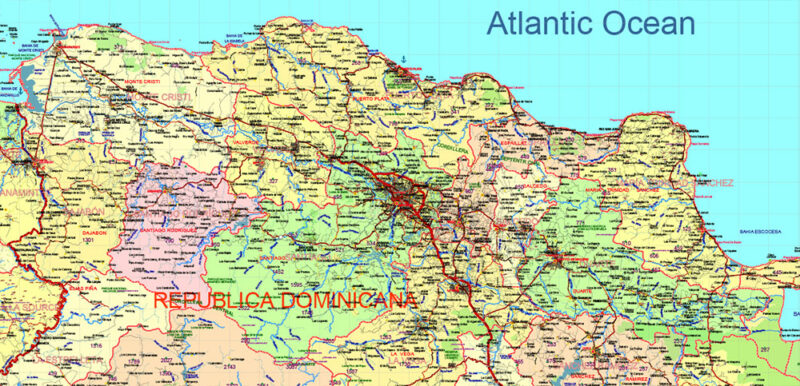 Dominicana and Haiti HD Vector Map high detailed roads editable layered in Adobe Illustrator