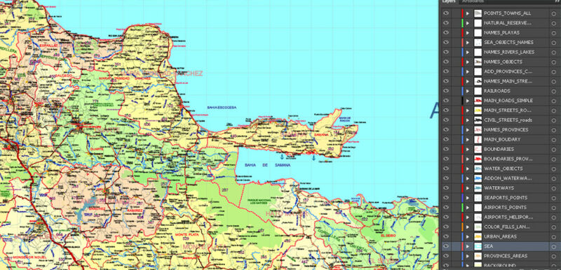 Dominicana and Haiti HD Vector Map high detailed roads editable layered in Adobe Illustrator
