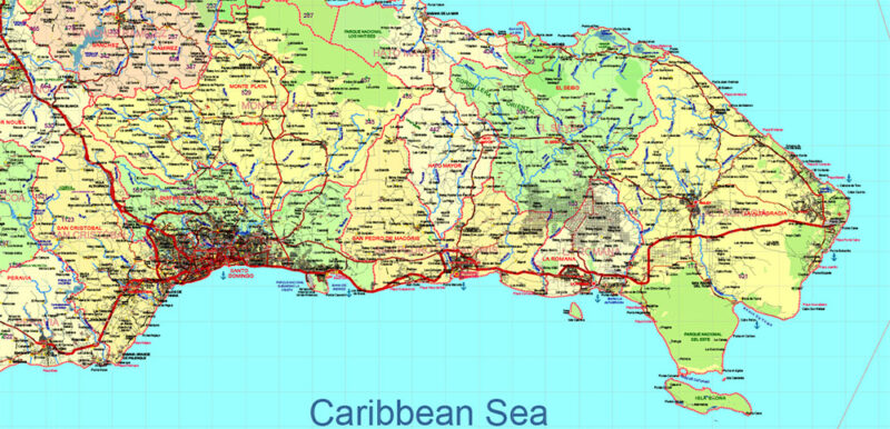 Dominicana and Haiti HD Vector Map high detailed roads editable layered in Adobe Illustrator